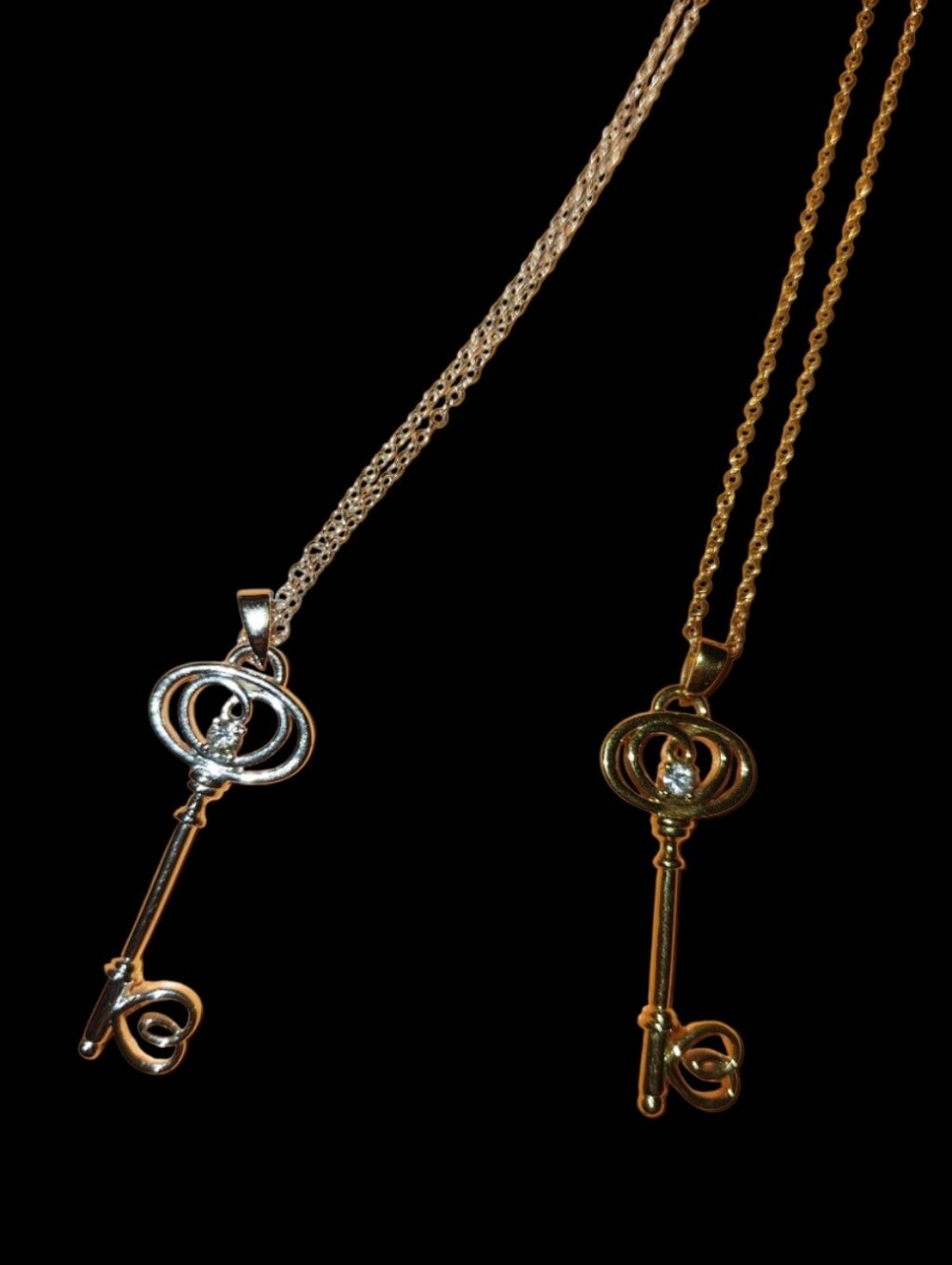 Key To Your Heart Set, 2 Pendant Necklaces Silver, Gold Tone Vintage Crystals